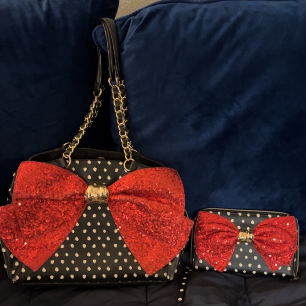 Betsey Johnson handbag and clutch/wallet - polka dot with red sequin bow.